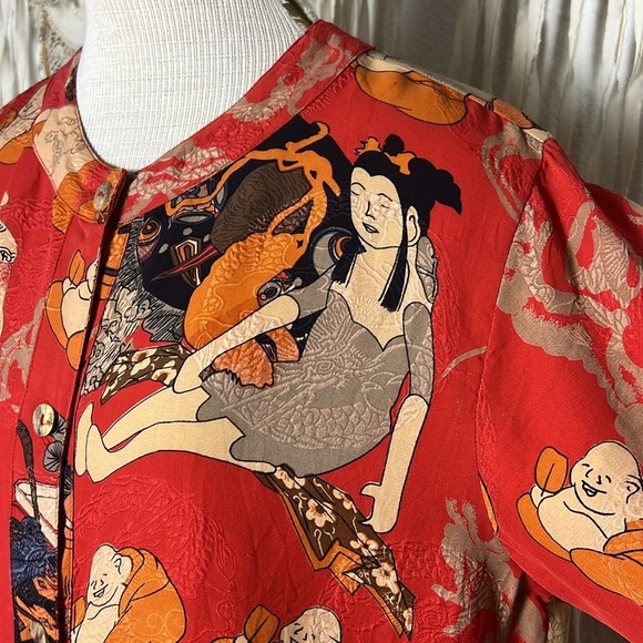 Citron Santa Monica Coral Button Down Silk Blouse with Asian Inspired Print L - Picture 5 of 11